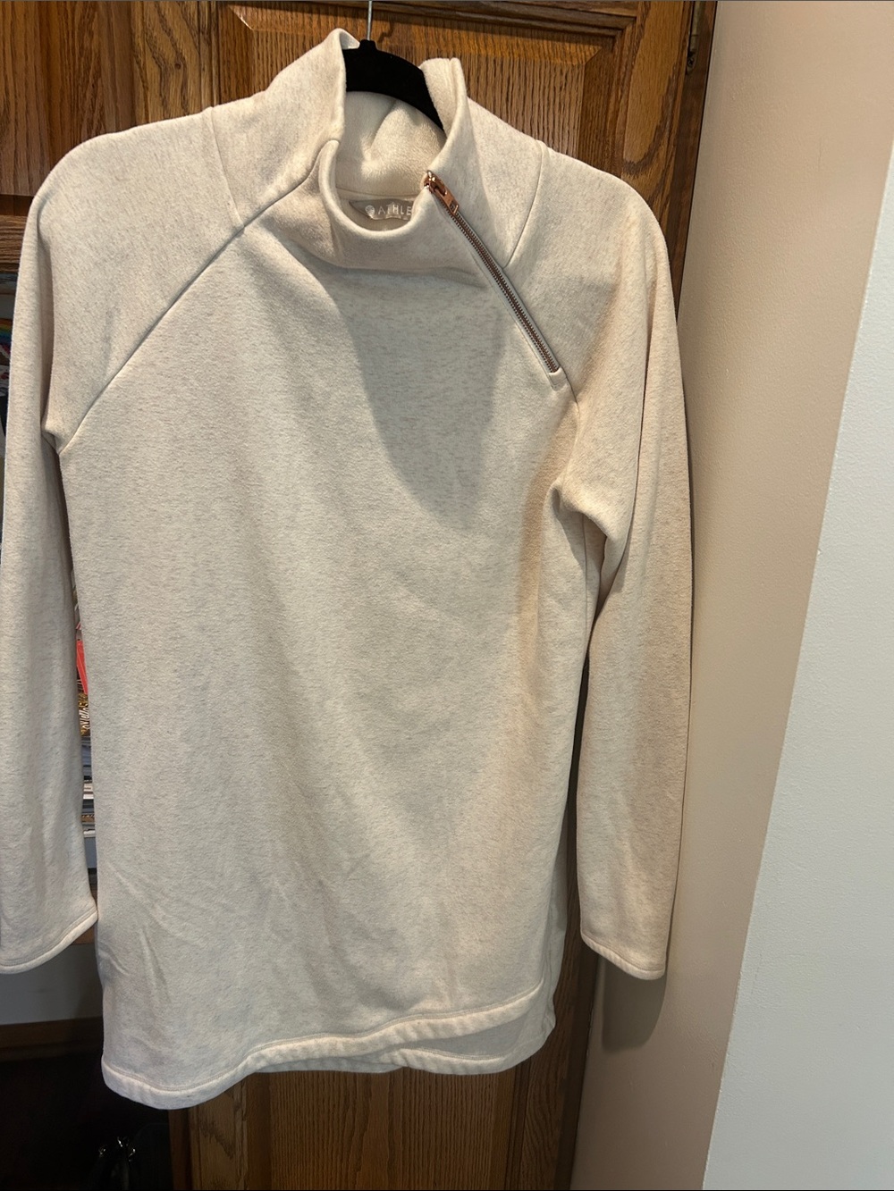 Athleta Cream Asymmetrical Zip Turtleneck Sweater